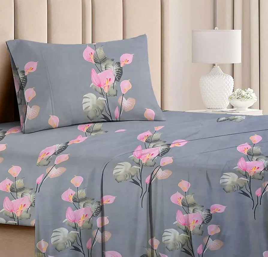 BSB HOME 220 Tc Premium Forever Modern Style Glace Cotton Floral 1 Single Size Bed Bedsheet and 1 Pillow Cover-Grey & Pink Flower