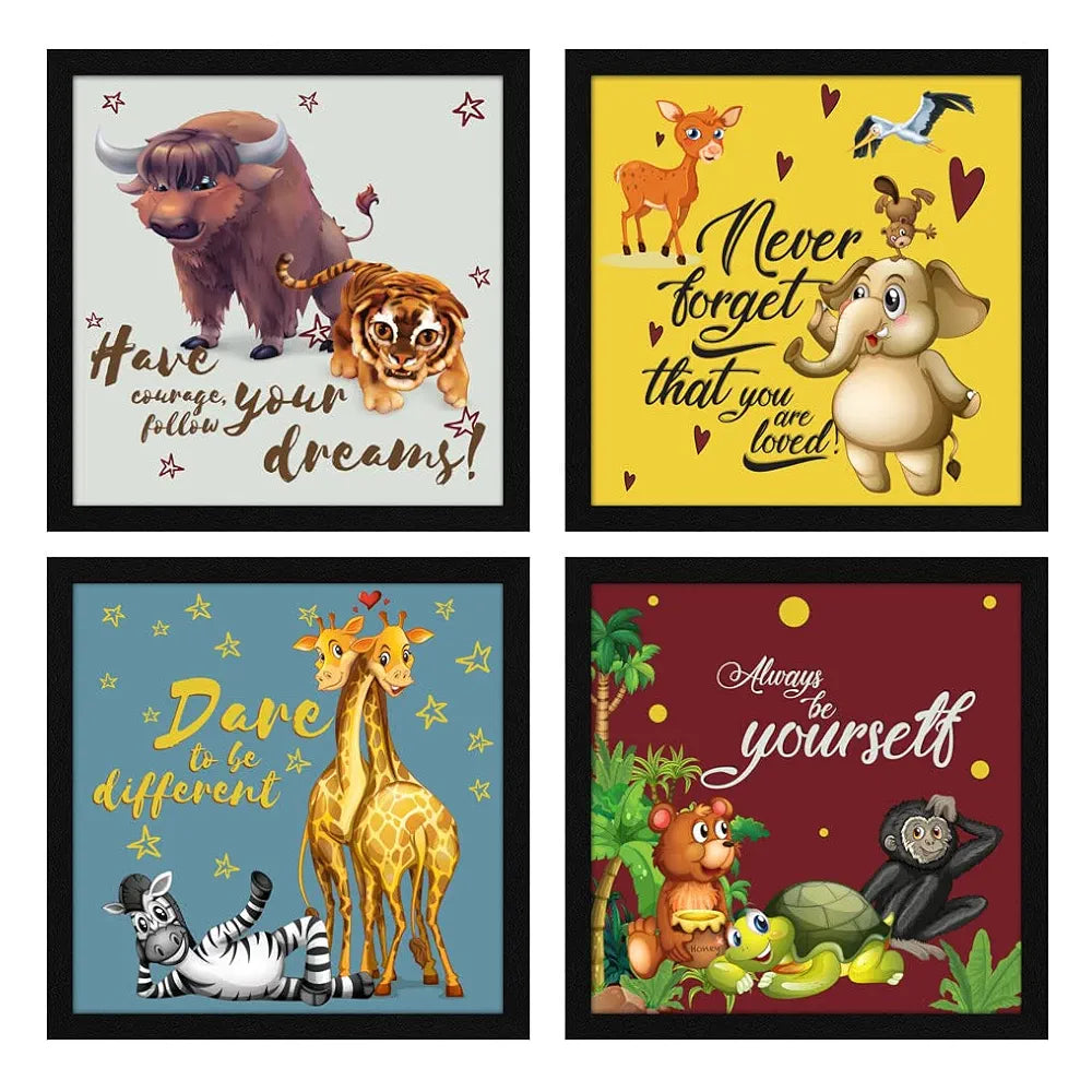 ArtX Set of 4 Cartoons Animals-02 Kids Room Wall Art Painting Multicolor Synthetic Wood Set Of 4