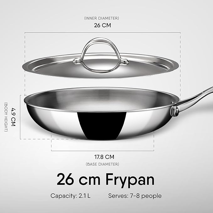 Stahl Artisan Triply Stainless Steel Fry Pan With Lid | Induction & Gas Stove Compatible Frying Pan | 2.1 L | 26 Cm