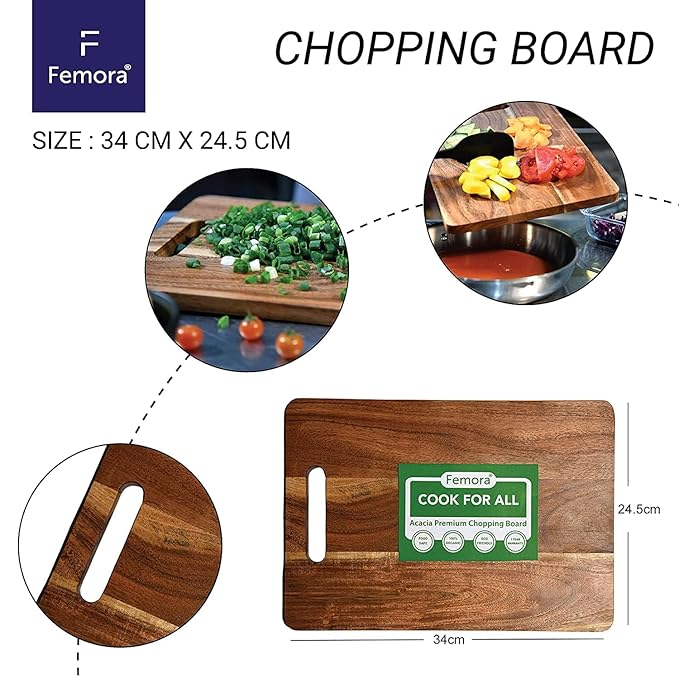 Femora Vegetable Acacia Wood Chopping Board Anti Bacterial Seasoned With Organic Mineral Oil Rectangle Shape | 34 X 24.5 Cm