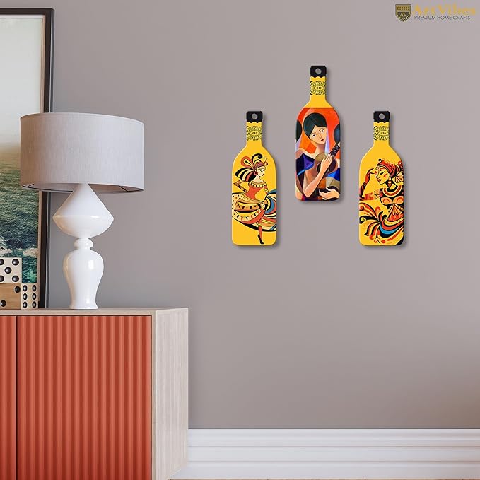 Artvibes Women Guitarist Wooden Wall Hanging for Home Decor | Set of 3