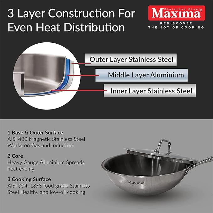Maxima Triply Stainless Steel Wok Pan 22cm - 1230 gms