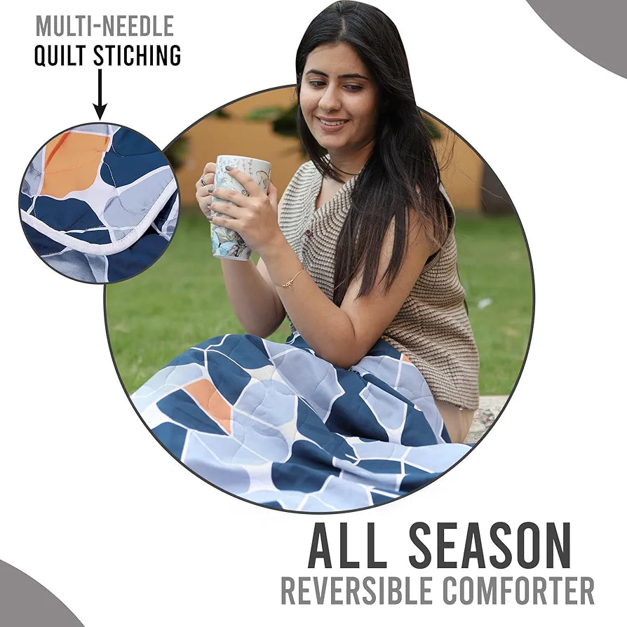 Divine Casa Microfiber All-Weather 120 GSM Reversible Single Bed Size Quilt Comforter Blanket Colour True Blue and Orange