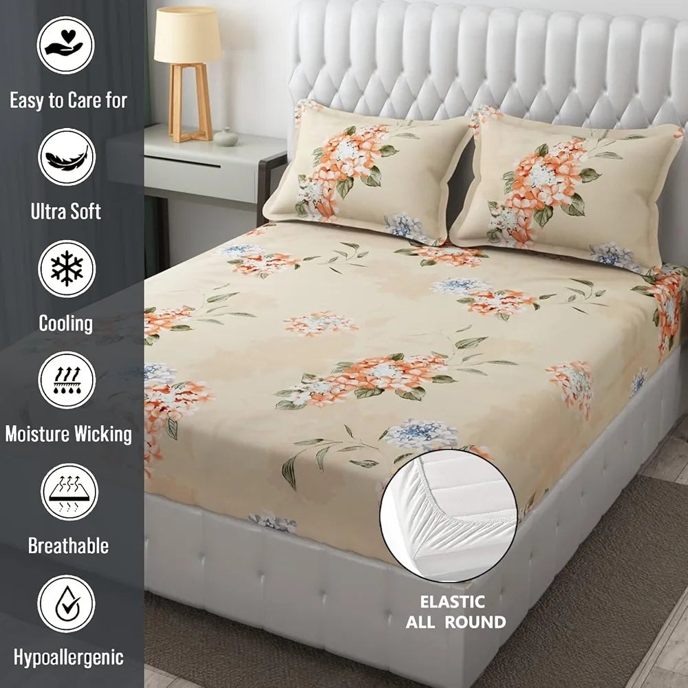 Fresh From Loom Elastic Fitted Floral Bed Sheets King Size Bed with Two Pillow Cover Rose Beige 144 TC