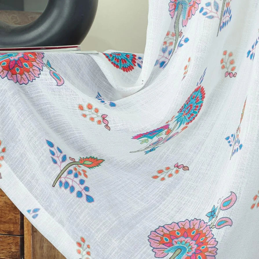 Homadorn Linen Sheer Printed Semi Transparent Curtains for Window Set of 2 Pink Flower