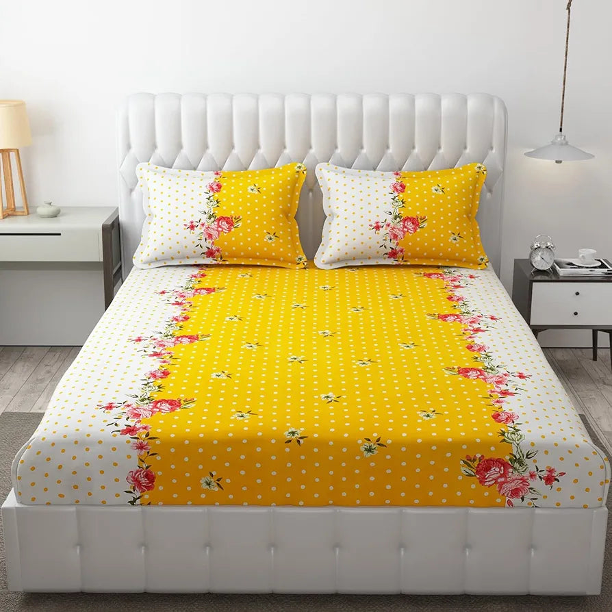 Fresh From Loom Double Bedsheet King Size Microfiber Rotary Printed with 2 Pillow Covers 144 TC Yellow White