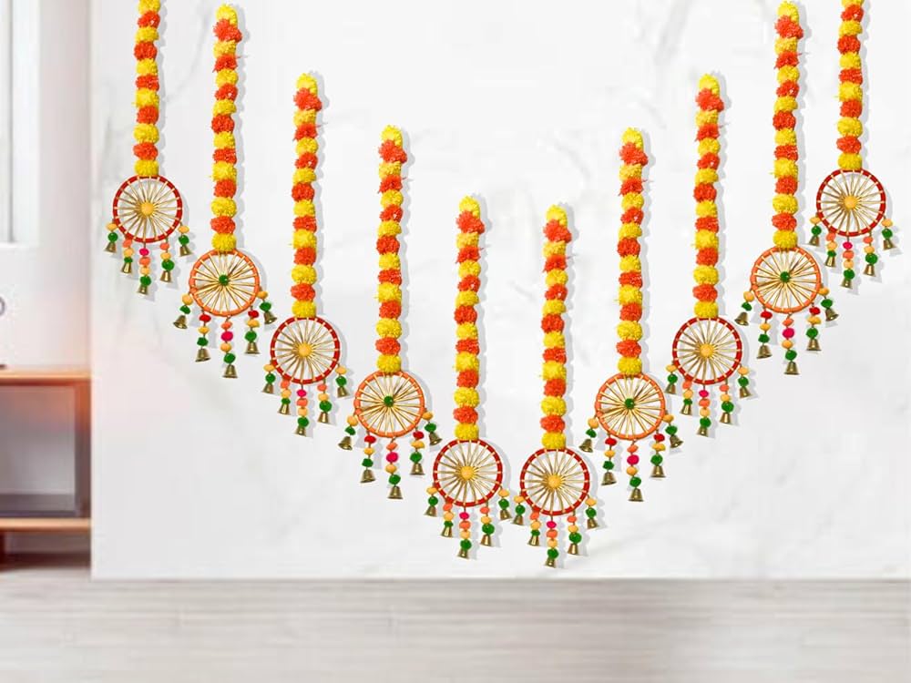 Artificial Marigold Flowers for Decoration with Pom Pom Ring Bell Hanging Garlands Yellow Orange