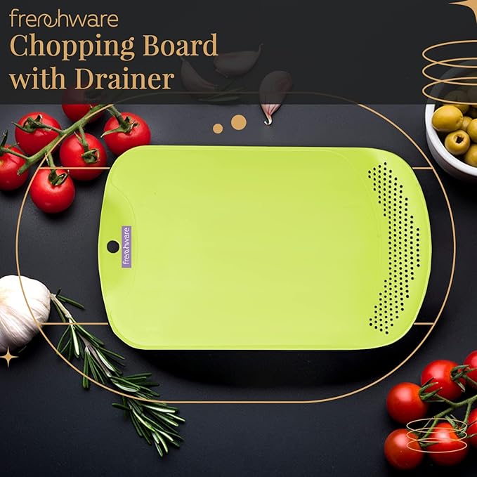 Frenchware Plastic Cutting/ Chopping Board With Drainer | 1 Unit | Premium-grade Plastic | Green Colour