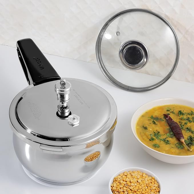 Vinod Splendid Plus Stainless Steel Pressure Cooker Outer Lid 3.5 Litre | SAS Bottom Handi Cooker | Extra Glass Lid