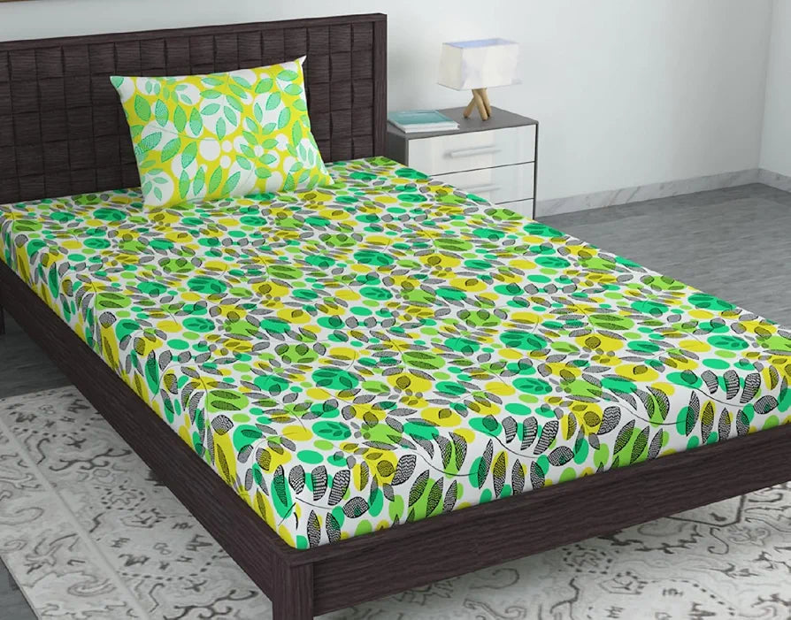 Divine Casa 144 TC Cotton Bedsheet for Single Bed with 1 Pillow Cover Colour Green & Yellow