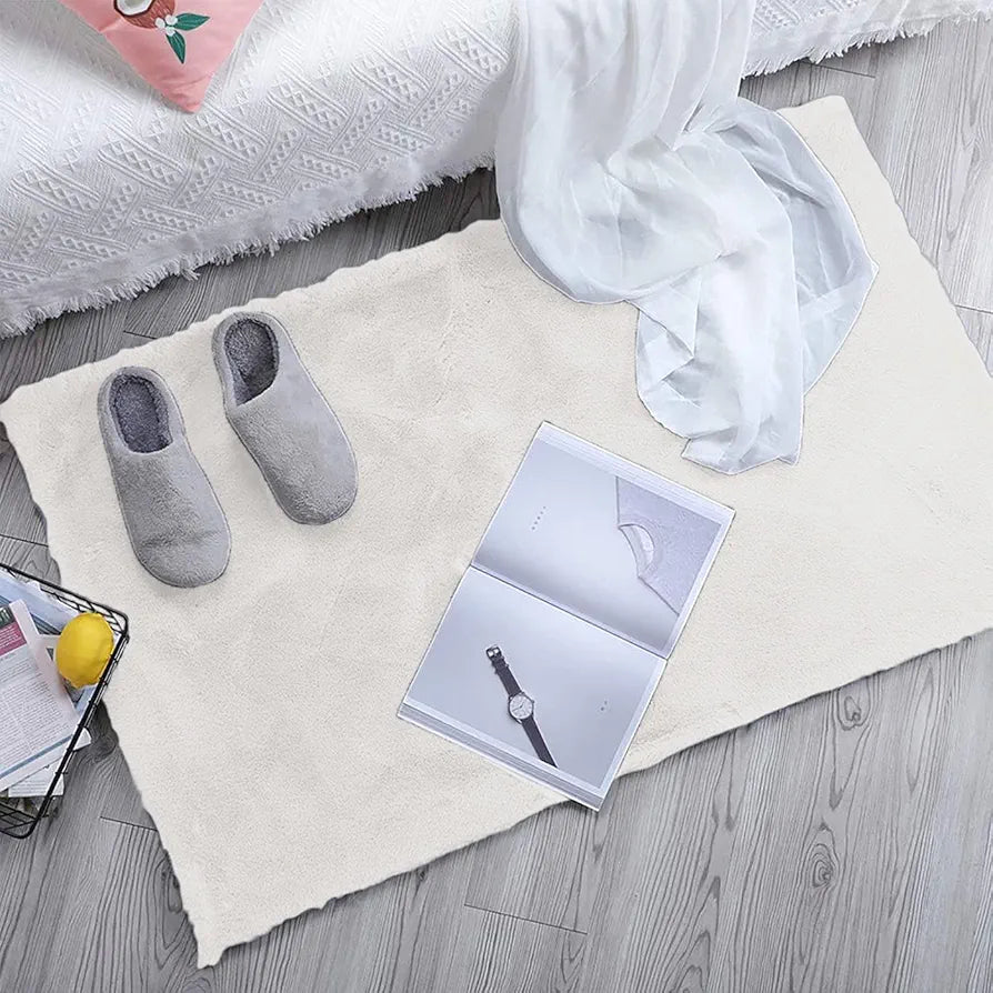 Luxe Home International Ruffle Bath Mat Rabbit Fur 1000 GSM Bathroom Door Rectangular Foot Mats 45X75 Cm Colour White