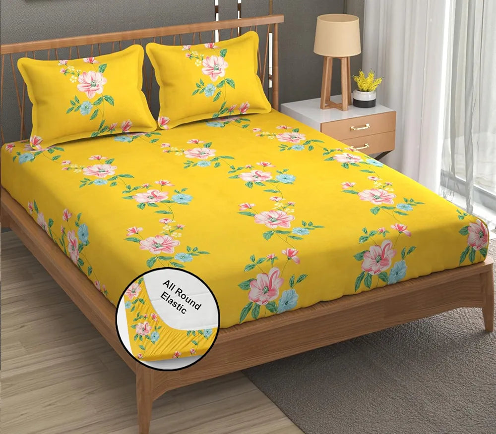 Fresh From Loom Hypoallergenic King Size Floral Print Bedsheet Set 240 TC Includes 2 Pillow Covers Daisy-Yellow