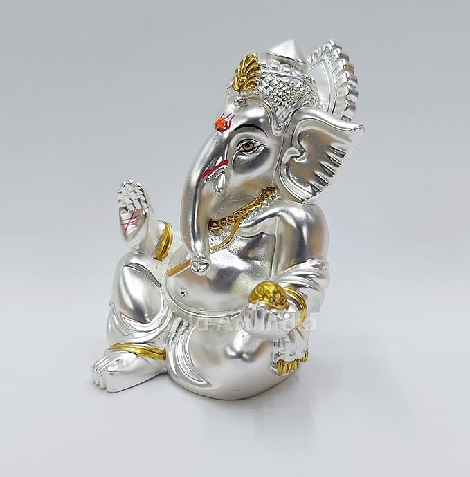 Gold Art India Matte Silver Plated Gaddi Ganesh Idol For Car Dashboard Small Ganesha Murti