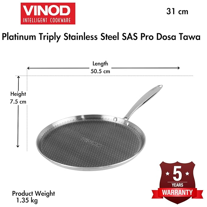 Vinod SAS Pro Platinum Triply Stainless Steel Dosa Tawa - 31 cm | 4.0 mm Thick | Hexa Design | Metal Spoon Friendly | Riveted Handle | Induction Base