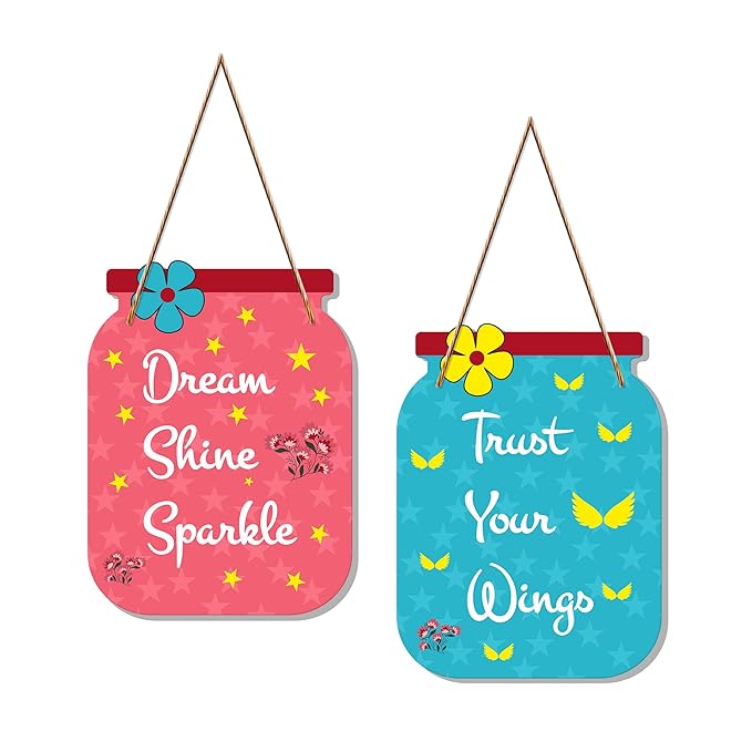 Artvibes Dream Shine Sparkle Quote Decorative Art Mdf Wooden Hanger for Living Room | Set of 2