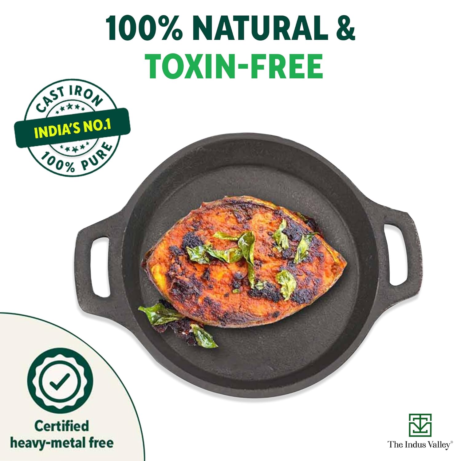 The Indus Valley Preseasoned Cast Iron Fish Fry Pan With Double Handle | Induction Friendly | Nonstick Fry Pan