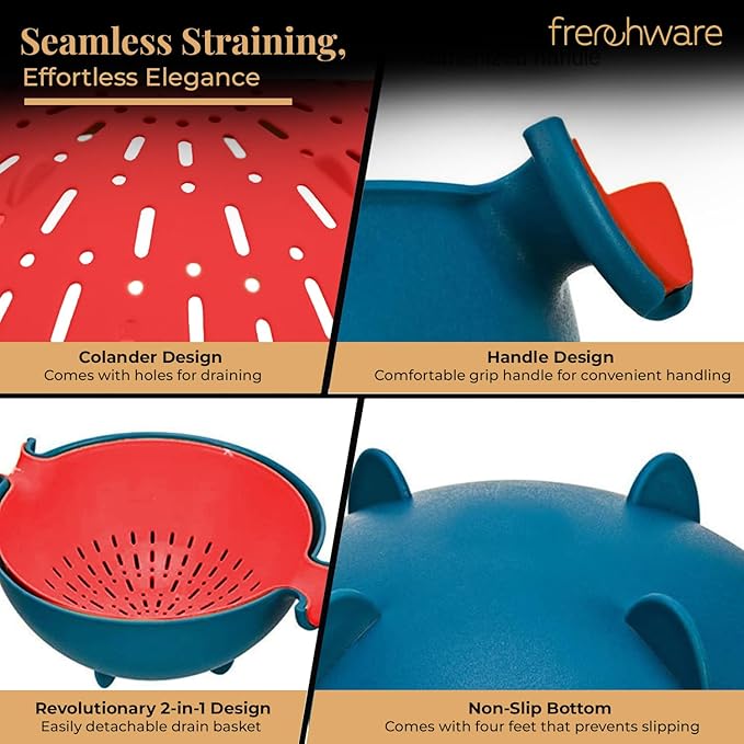 Frenchware 1 Unit Plastic Colander Bowl, Premium-grade Plastic, 100% Food Safe | Dishwasher Safe | Blue & Red
