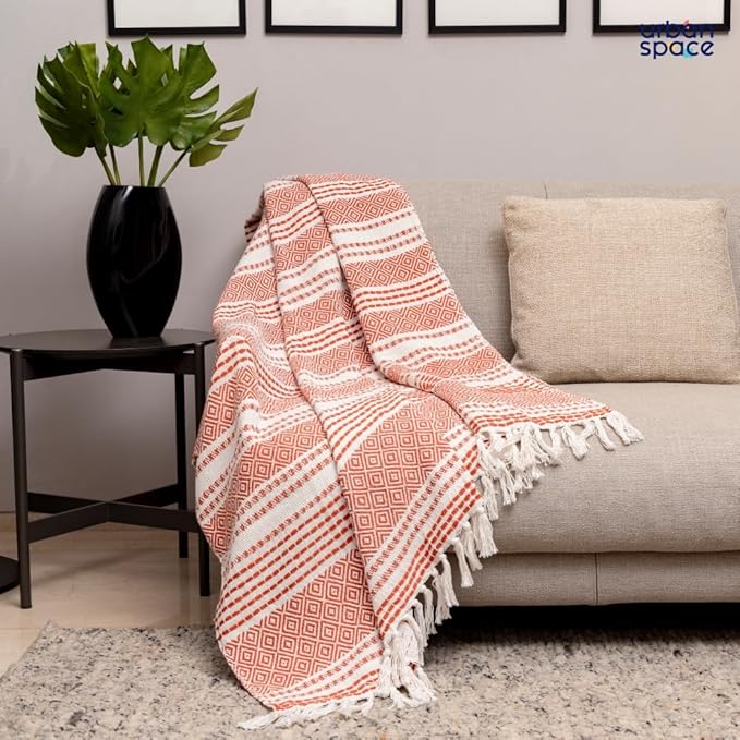 Urban Space Handmade Pure Cotton Sofa Throw Blanket Soft Decorative Colour Boho Red&White