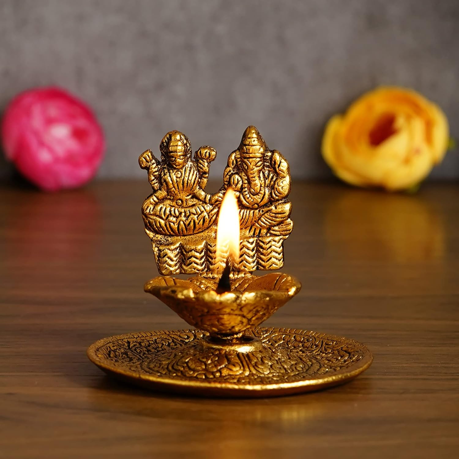 Ecraftindia Golden Metal Goddess Lakshmi & Lord Ganesha Decorative Diya for Puja Room | Home Temple Decor