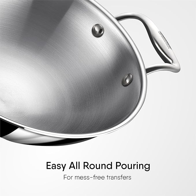 Stahl Artisan Triply Stainless Steel Round Bottom Kadhai With Lid | Extra Deep Kadai | Stainless Steel Cookware | 2.6 L | 24 Cm