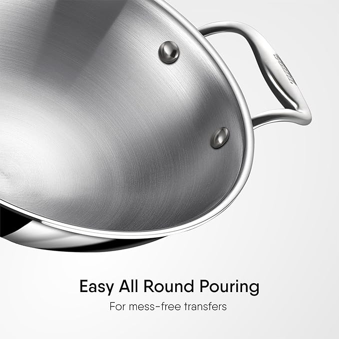 Stahl Artisan Triply Stainless Steel Round Bottom Kadhai With Lid | Extra Deep Kadai | 1.8 L | 20 Cm