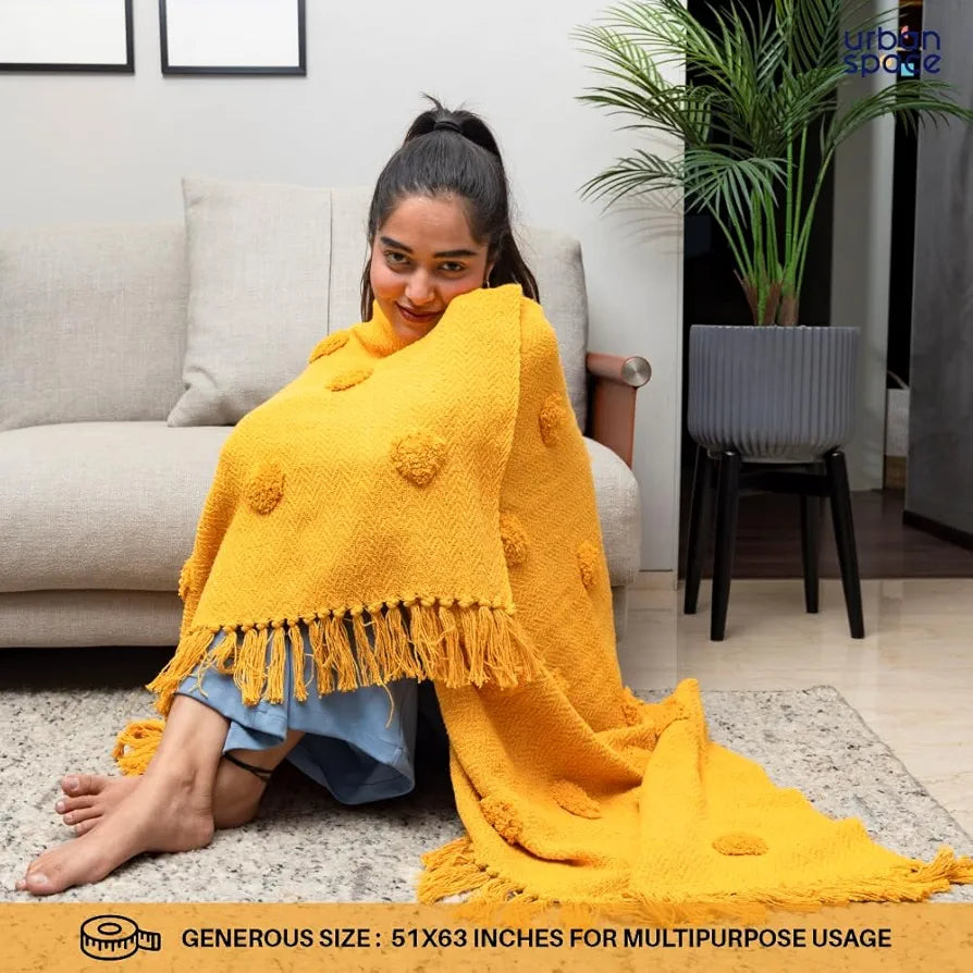 Urban Space Handmade Pure Cotton Sofa Throw Blanket, Soft Decorative Throw for Living Room, Sofa, Chair and Couch, Reversible and Breathable Throw Mustard Colour