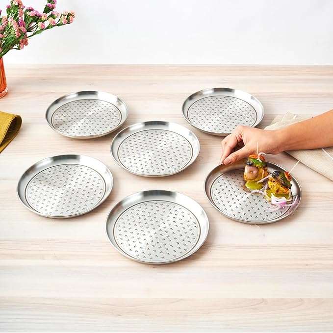Arttdinox Stainless Steel Quarter Plate Set of 6 | Salad and Snacks | Flower Dot Patterns | Zenith Series