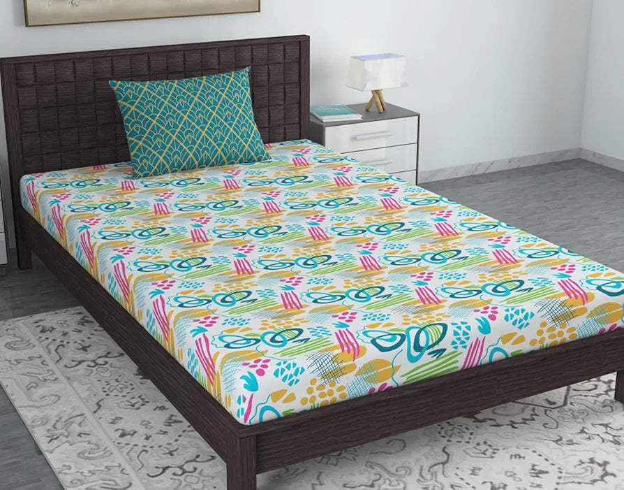Divine Casa Bedsheet for Single Size Bed 144 TC Cotton Bedsheet for Single Size Bed with 1 Pillow Cover  Abstract Colour Teal & Mustard