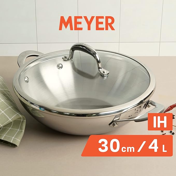 Meyer Select Nickel Free Stainless Steel Kadai | Kadhai with Glass Lid 30cm/ 4 Liters Silver
