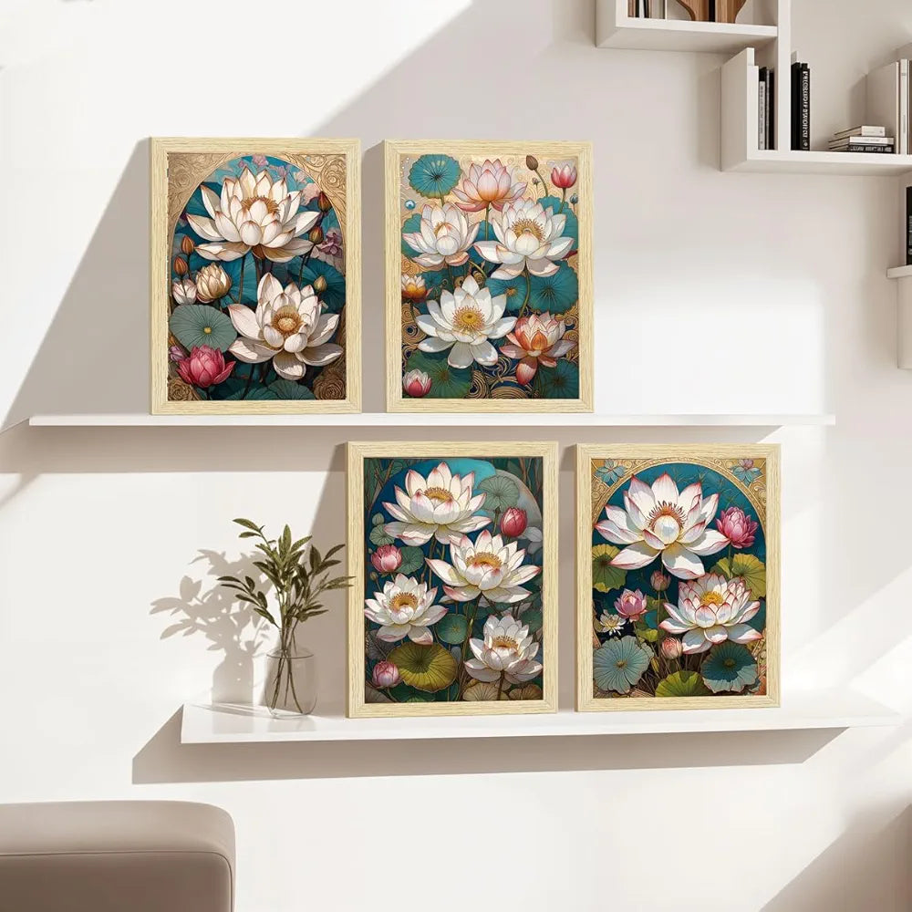 ArtX Paper Lotus Flowers Art Paintings With Frame Multicolor Set of 4