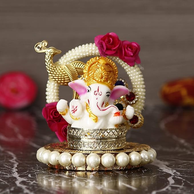 Ecraftindia Resin Lord Ganesha Idol on Peacock Decorative Plate | Ganesha Idol for Home Decor
