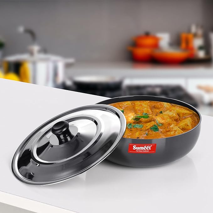 Sumeet 3mm Hard Anodized Deep Tasla with Stainless Steel Lid Size No- 10 (18.5cm 1.3 Liter)