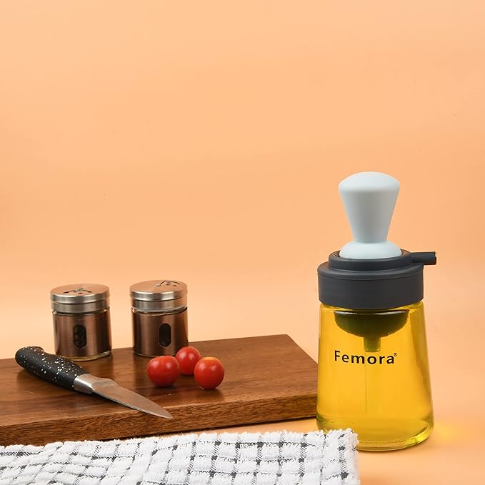 Femora Glass Oil Dispencer Bottle With Silicone Brush, Dropper | 350 Ml | Pack of 1 | Grey