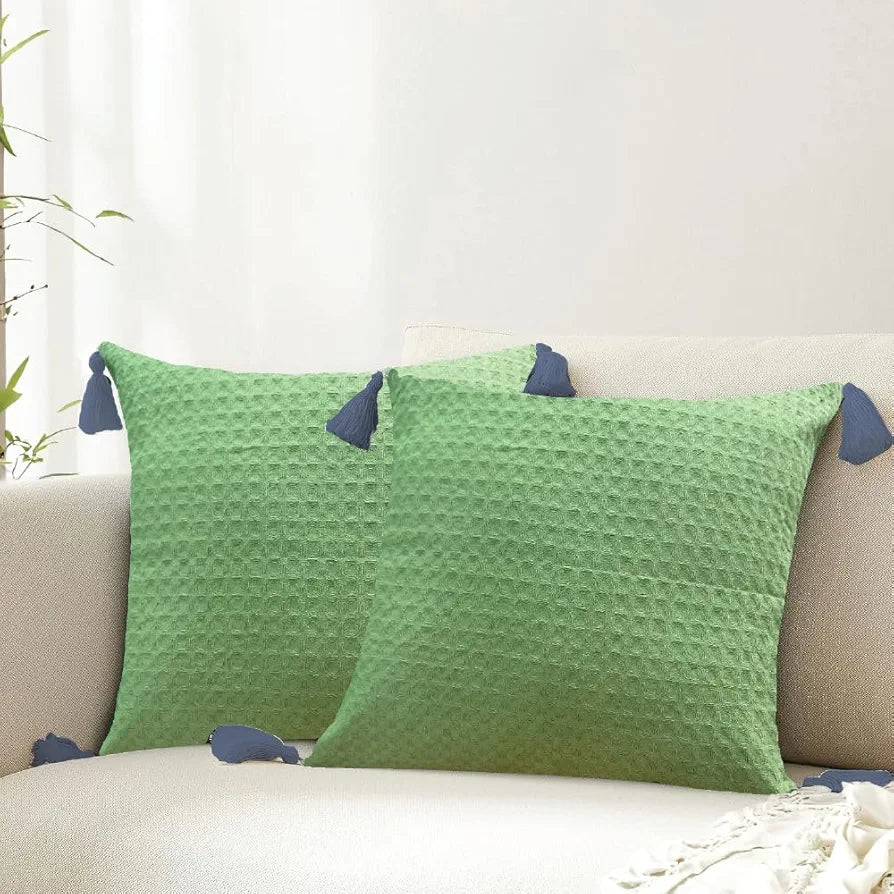 Urban Space Waffle Cotton Cushion Cover Set of 2 Cushion Covers for Sofa, Bedroom, Living Room Waffle Sage Green