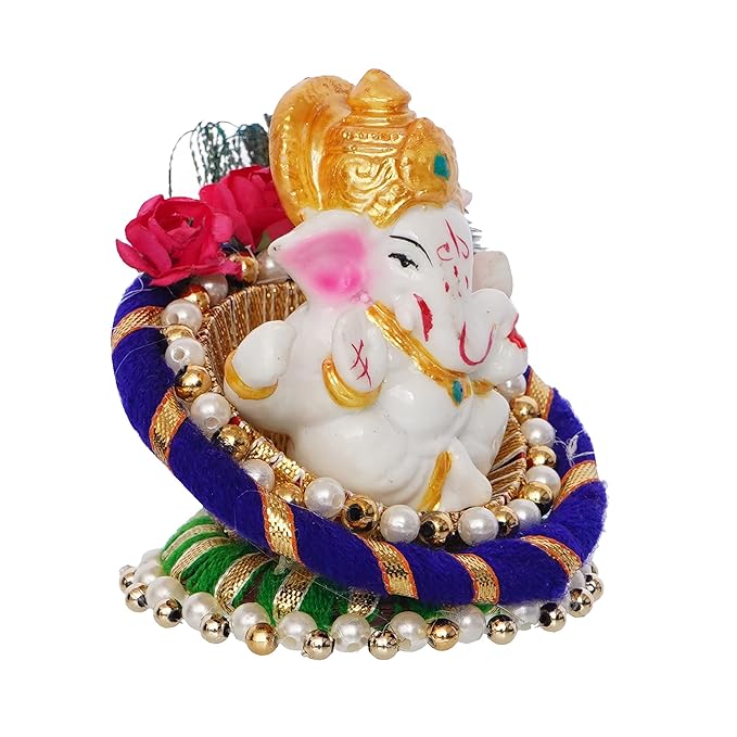 Ecraftindia Resin Lord Ganesha Idol on Peacock Feather Decorative Plate | Ganesha Idol for Home Decor