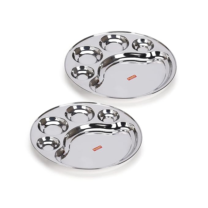 Sumeet Stainless Steel Round 5 in 1 Compartment Lunch Small Plates Set of 2Pcs 31cm Silver