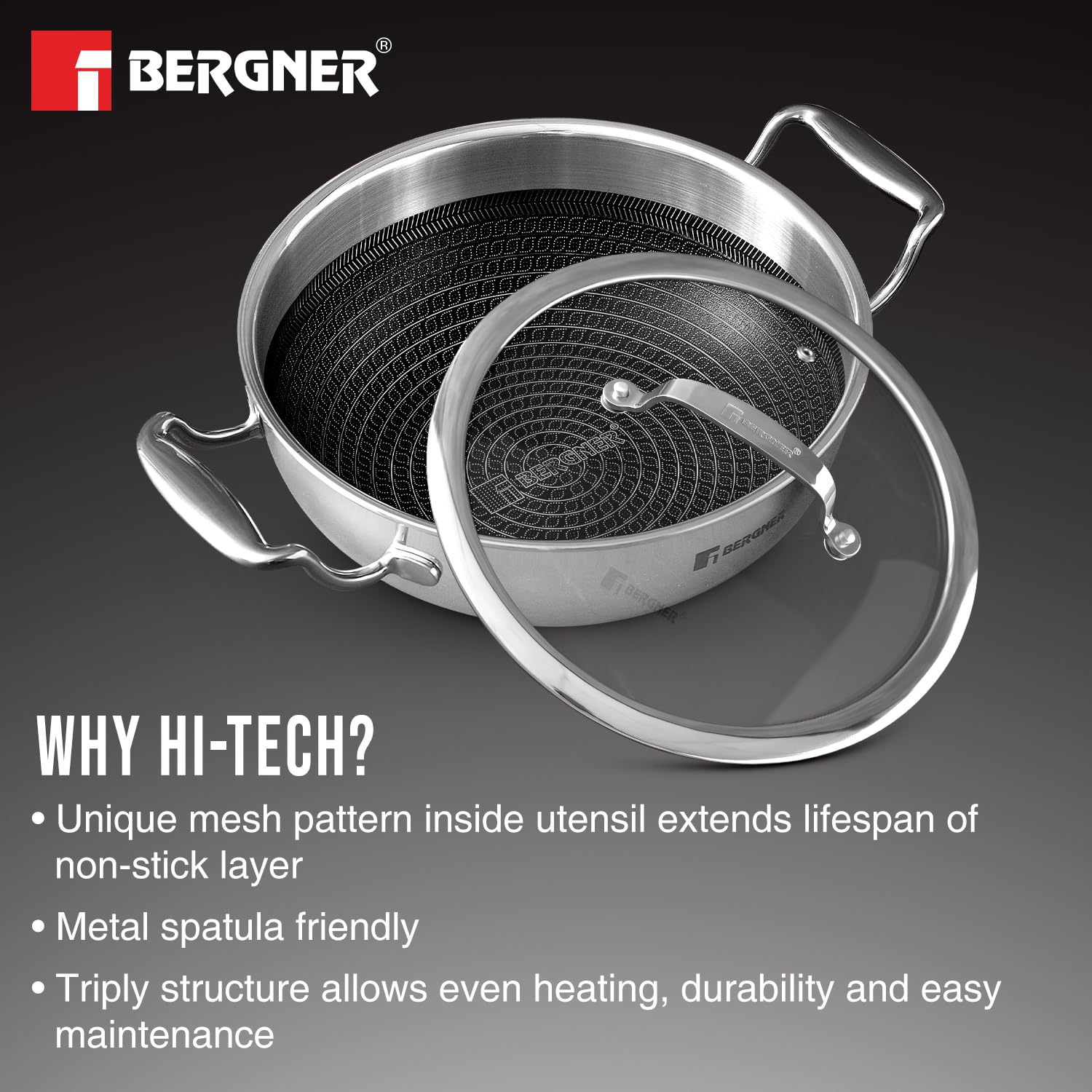 Bergner Hitech Triply Stainless Steel 26 Cm Kadai | Indian Wok With and Glass Lid