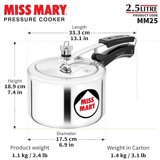 Hawkins 2.5 Litre Miss Mary Pressure Cooker Inner Lid Cooker Silver