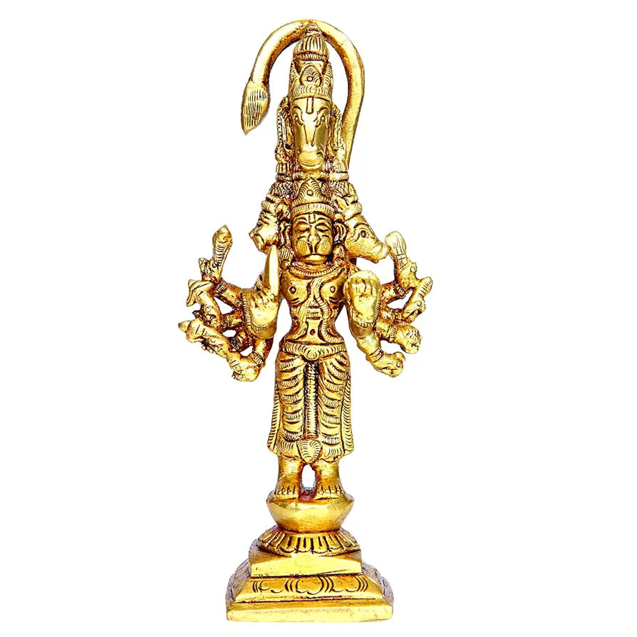 anciently Panchmukha Hanuman Standing Brass Idol | Standing Panchmukhi Hanuman Brass Statue | Standing Brass Panchmukhi Hanuman 13cm Height, Gold Colour