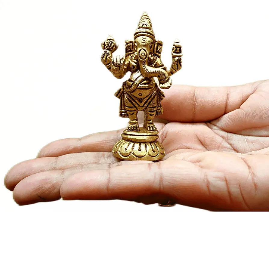 anciently Standing Ganesha Idol Brass, Ganesha Idol for Car Dashboard, Brass, Height 6.5CM, Gold Colour, 1 Piece