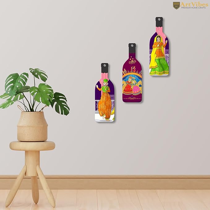 Artvibes Rajasthani Puppet Dance Wooden Wall Hanging for Home Decor | Set of 3