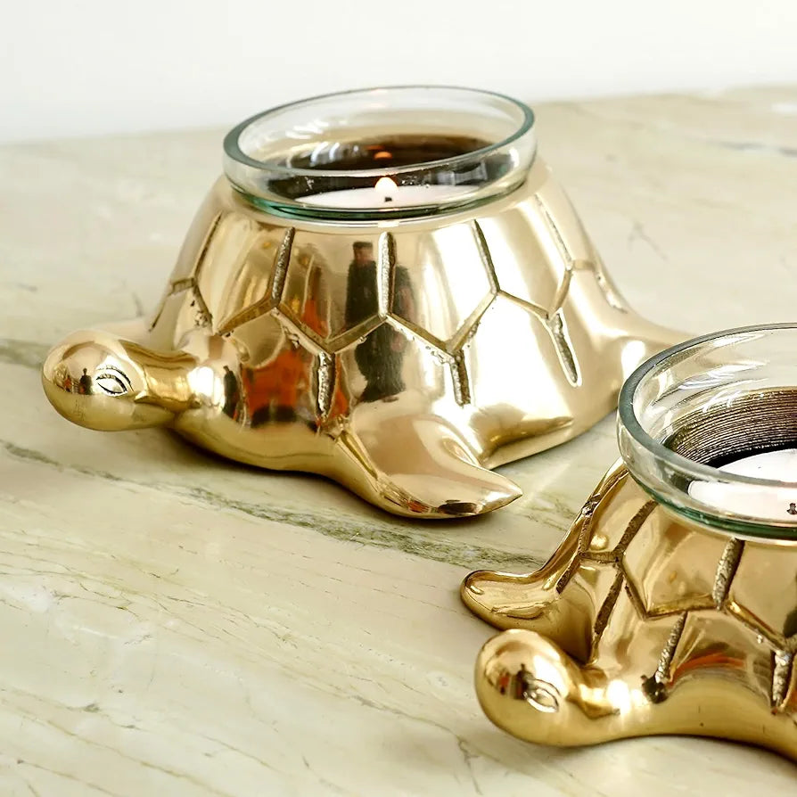 BEHOMA Golden Turtle Votive Holder Set of Mother and Child | Elegant Home and Office Dcor Accessories for Living Room | Collectibles Perfect for Birthday, Mother's Day | Votives Candle Included