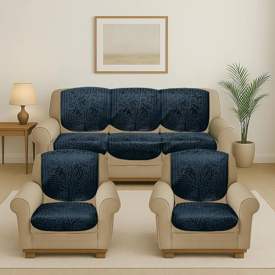 Cloth Fusion Italian Velvet Sofa Cover 5 Seater Set Perfect Floral Embossed Sofa Cover 3 Seater and 2 Seater Blue