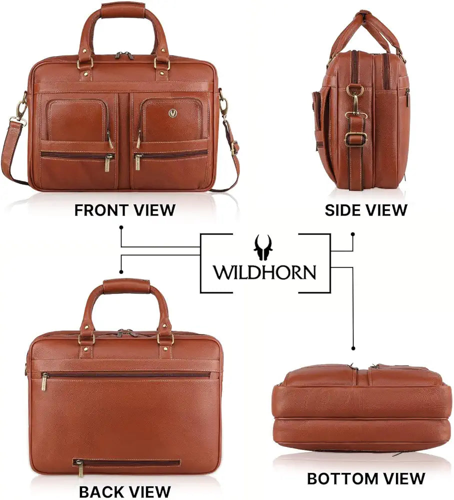 WildHorn Leather 15.6 inch Laptop Messenger Bag for Men I Multi- Pockets I Extra Storage I Carry Handles I Adjustable Strap