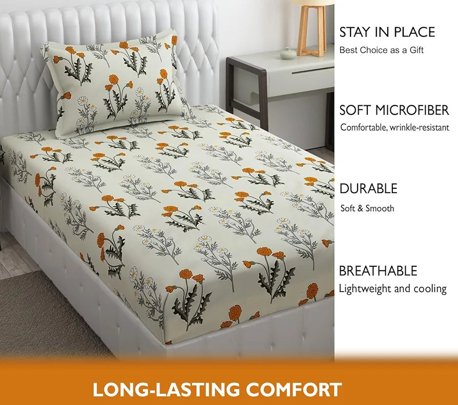 Fresh From Loom Single Bed Microfiber Bedsheet with Floral Print 240 TC Hypoallergenic Includes 1 Pillow Covers Multicolor Daisy-Vanilla