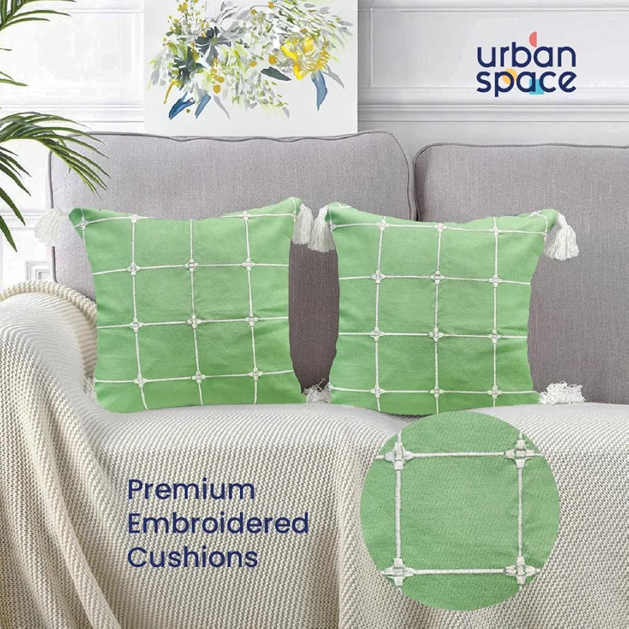 Urban Space Embroidered Cotton Cushion Cover Set of 2 Cushion Covers for Sofa, Bedroom, Living Room Aura Checks Green