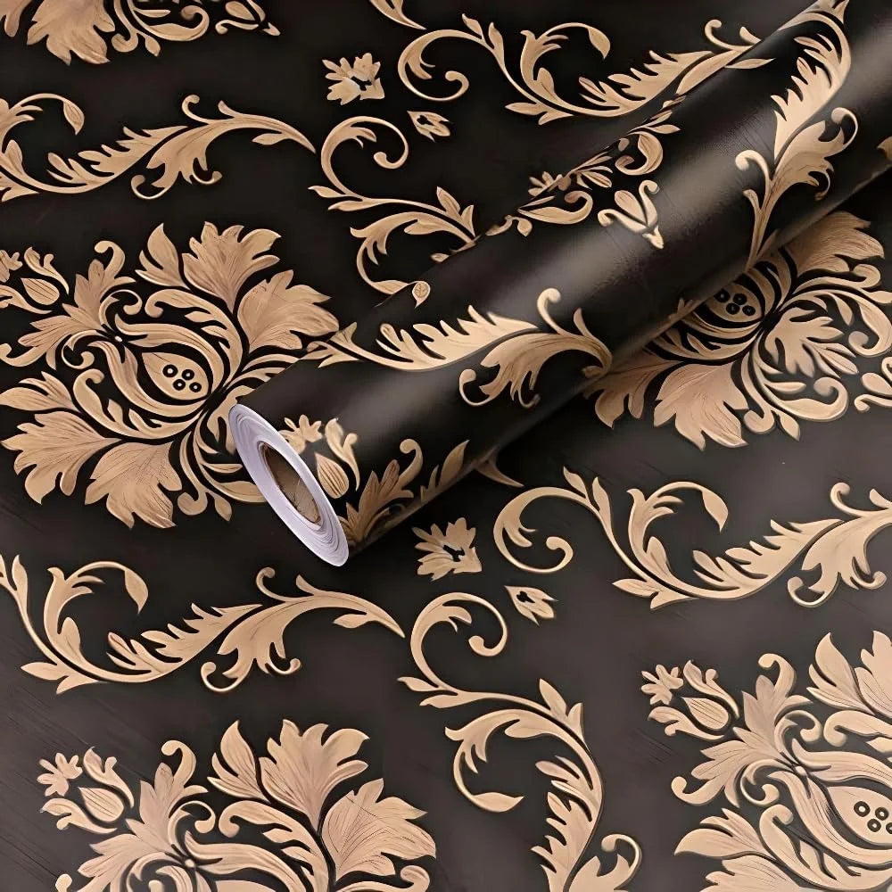 Jaamso Royals Black Color With Golden Damask Hall Wallpaper for Walls