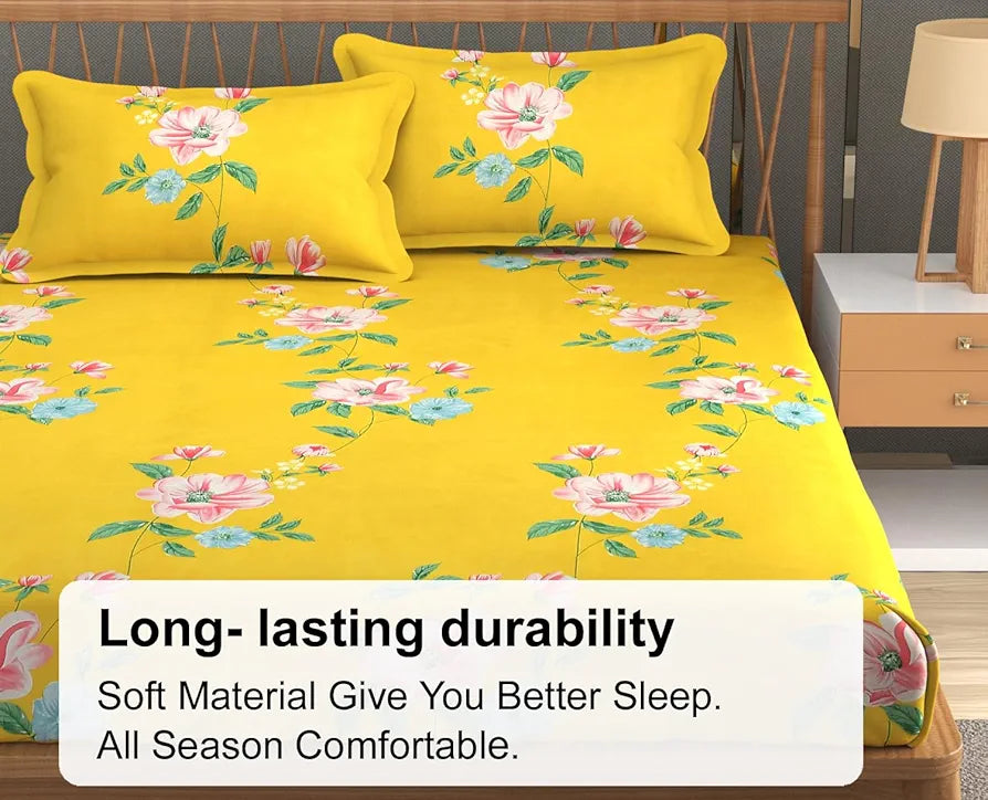 Fresh From Loom Hypoallergenic King Size Floral Print Microfiber Bedsheet Set 240 TC Includes 2 Pillow Covers Daisy-Yellow
