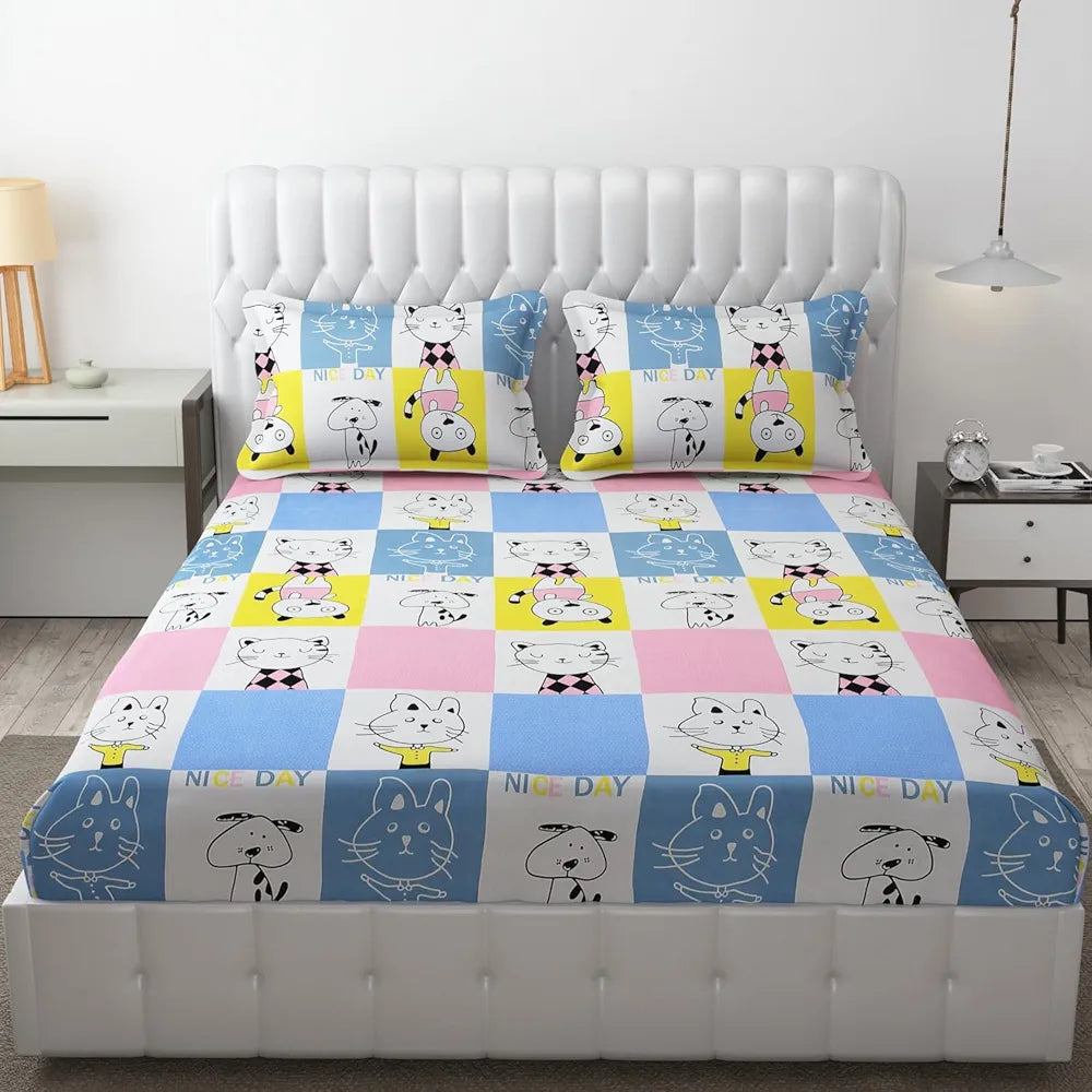 Fresh From Loom Hypoallergenic Glace Cotton Kids Elastic Fitted Bedsheet Rotary Printed Wrinkle Free With 2 Pillow Covers Aqua Pink 300 TC