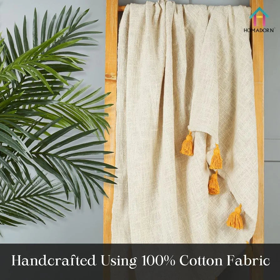 Homadorn 100% Cotton Off White Throw 300 TC Blanket with Handmade Colorful Tassel Colour Mustard